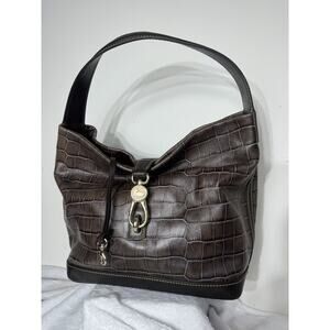 DOONEY & BOURKE Florentine BROWN CROC EMBOSSED LEATHER LOGO LOCK HOBO BAG 1975